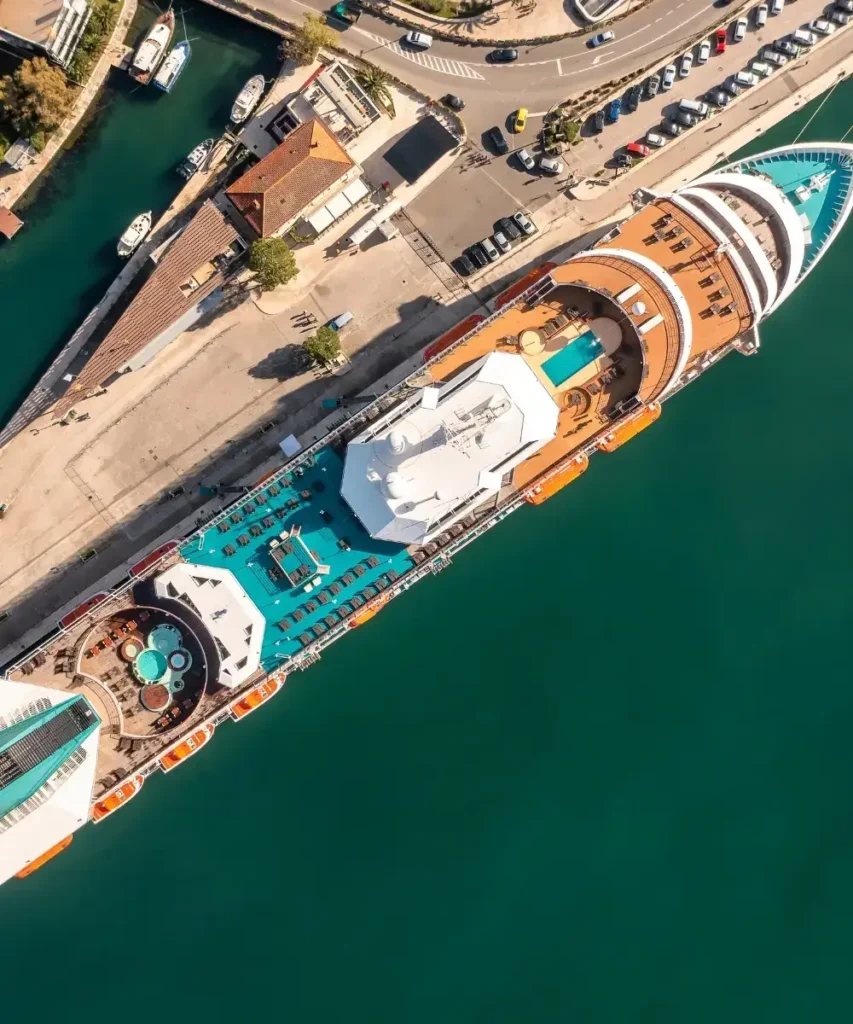 Aerial view of a cruise ship in port for chauffeur cruise transfers from London