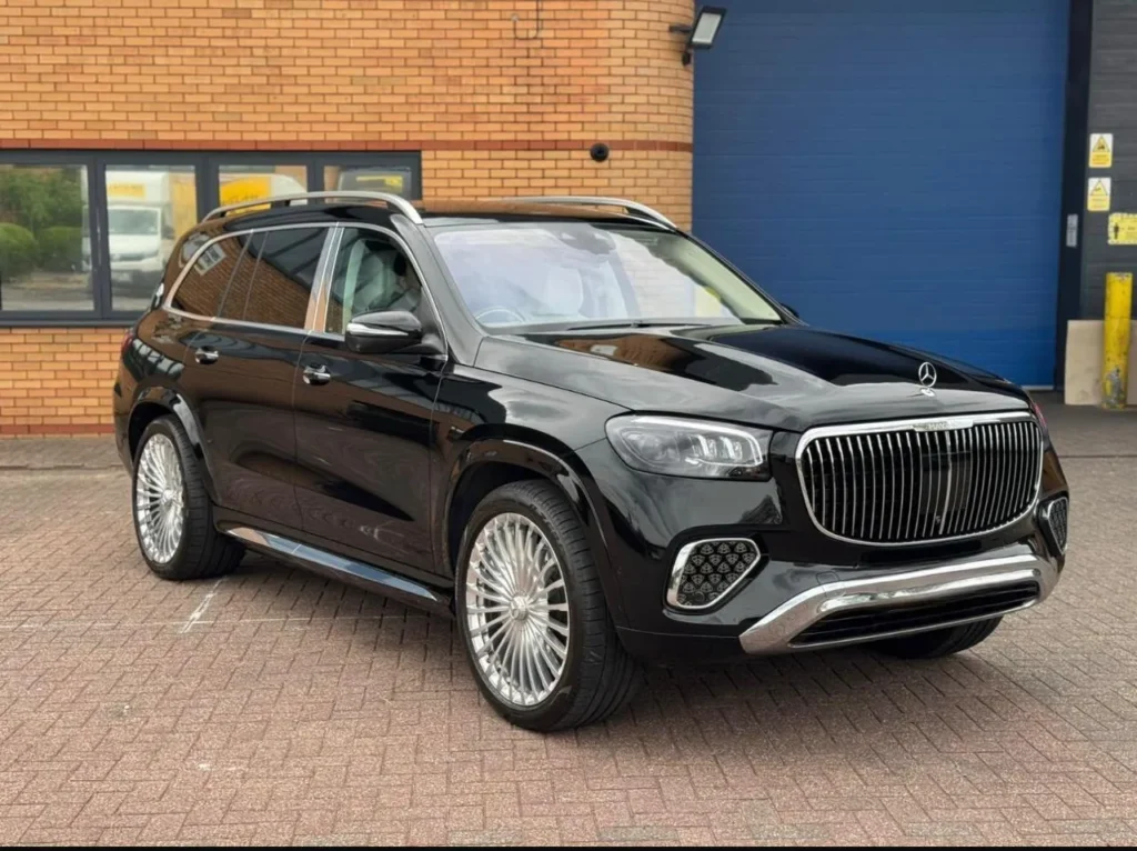 Black Mercedes-Maybach GLS 600 luxury SUV with chrome Maybach grille and multi-spoke alloy wheels